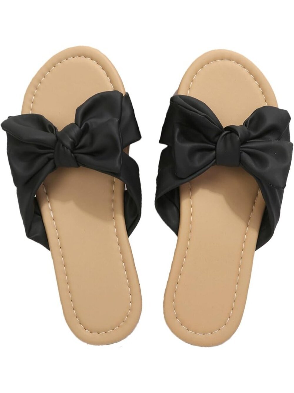 Women's Black Bow Knot Slip On Flat Open Toe Slides Beach Slippers